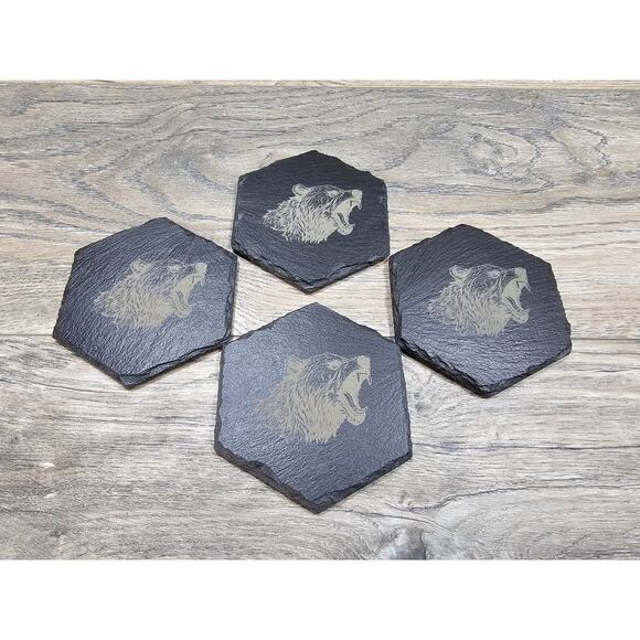 Engraved Stone Slate Black Coasters Bear Theme Set of 4 - Picture 2 of 4